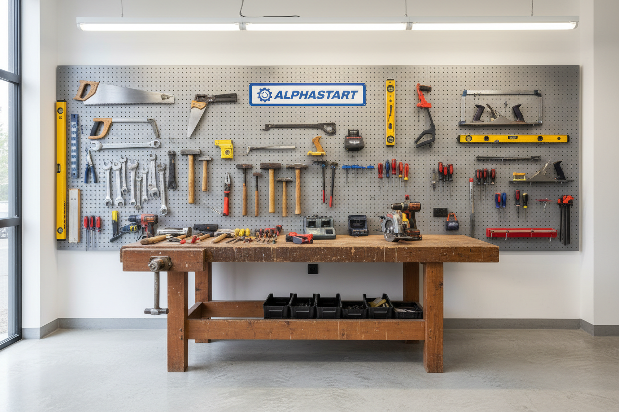 一个工具间，里面有各种各种的工具，有一个工具台，工具台上面放着很多工具，墙面有一个工具挂架，有一个ALPHASTART的LOGO显示